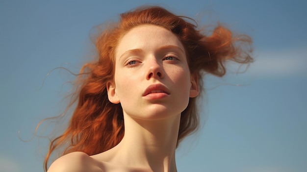 官能的な唇を持つ美しい若い女性モデルは自然なメイクアップ屋外ビュー AI 生成画像