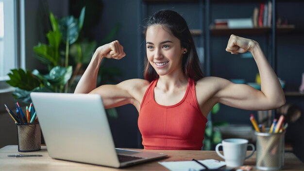 Photo beautiful young female with muscular arms using laptop for home training watching video course onl