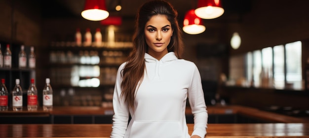 Foto una bella giovane donna in forma con un cappuccio bianco si trova alla reception di un club di fitness