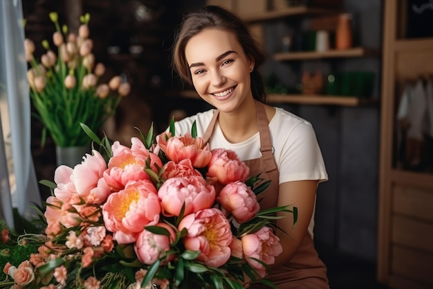 Photo beautiful young florist in flower shop