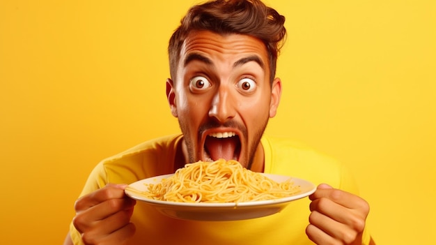 Beautiful young girl eating pasta over isolated background scared face amazed and open mouth for surprise disbelief face