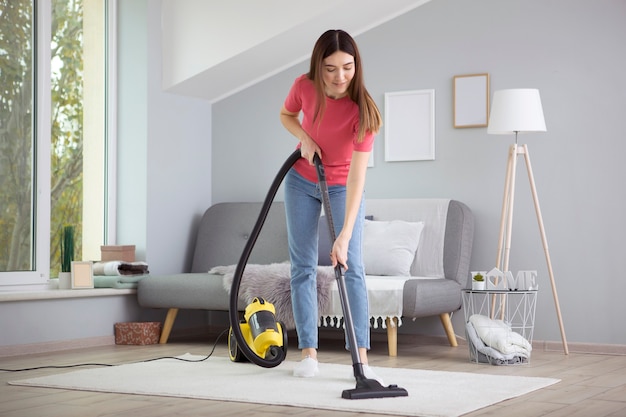 Beautiful young girl in a good mood makes house cleaning with a vacuum cleaner