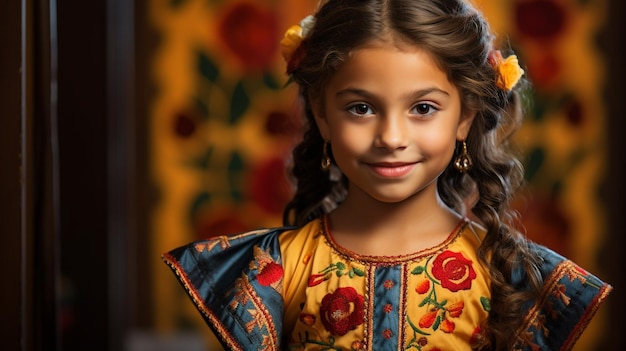 Beautiful young girl at Hispanic Heritage Month Cute Smiling Child with Brown Hair and Happy Express