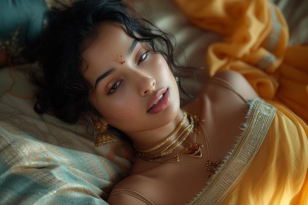 Foto bella giovane ragazza sposa indiana in abito tradizionale e gioielli signora regina hindi indù