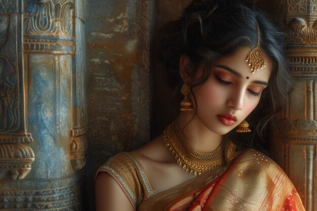 Beautiful young girl Indian bride in traditional dress and jewelry lady queen Hindi Hindu