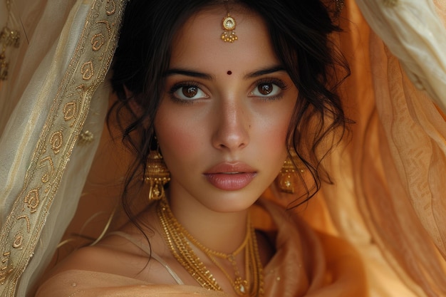 Beautiful young girl Indian bride in traditional dress and jewelry lady queen Hindi Hindu