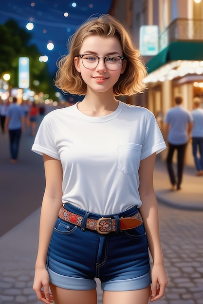 A beautiful young girl is wearing tshirt jean shorts and glasses in cartoon style