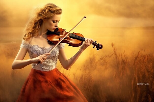 A beautiful young girl playing violin with rapt intensity