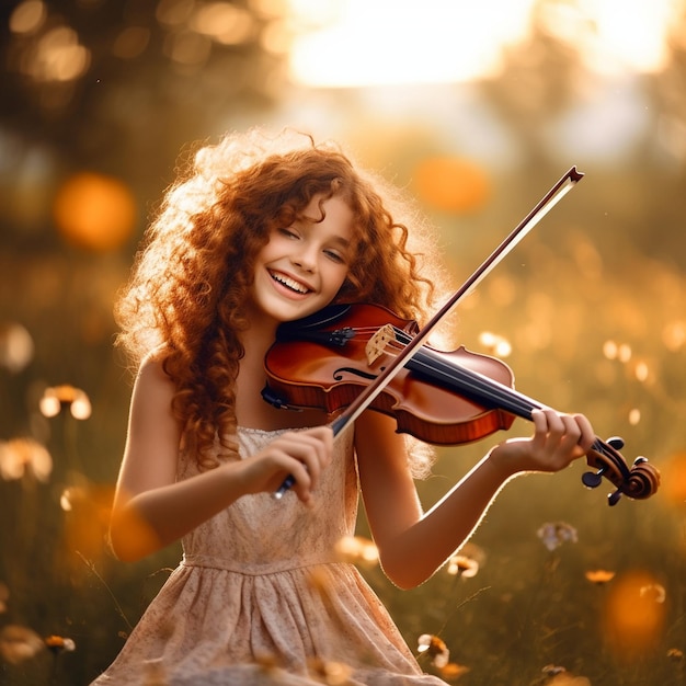 Photo a beautiful young girl playing violin with rapt intensity