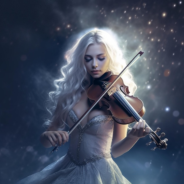 A beautiful young girl playing violin with rapt intensity