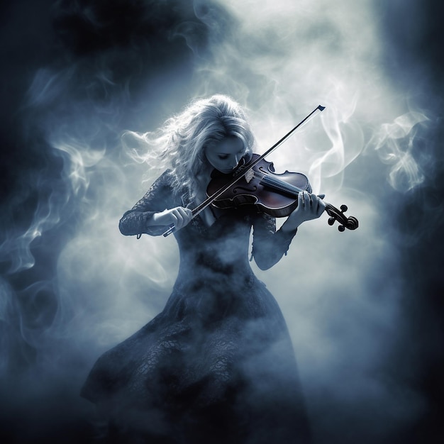 A beautiful young girl playing violin with rapt intensity