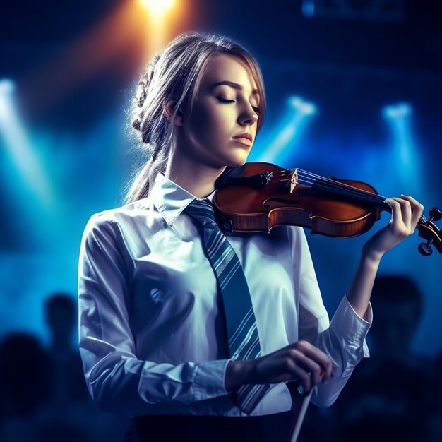 A beautiful young girl playing violin with rapt intensity