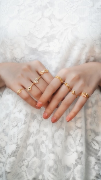 Beautiful young girl posing hand wearing rings and jewellery touching her chin and lip