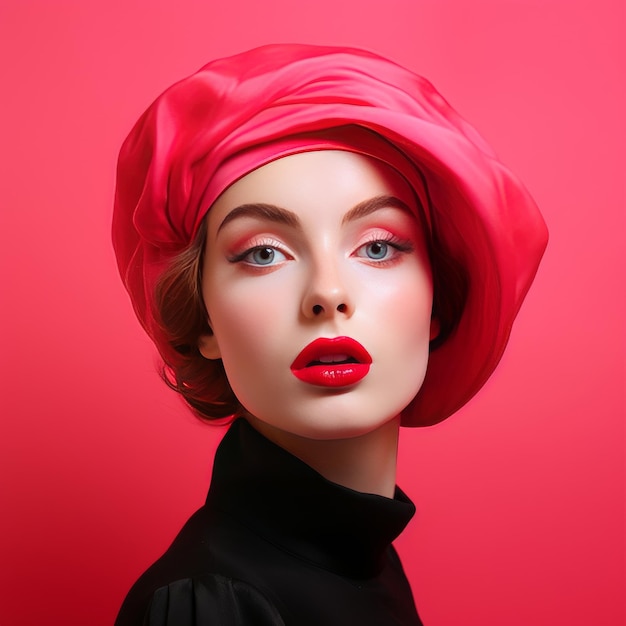 Beautiful young girl in red beret on red pastel background generative AI