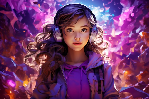 A beautiful young girl relaxes to the music with headphones looking into the camera