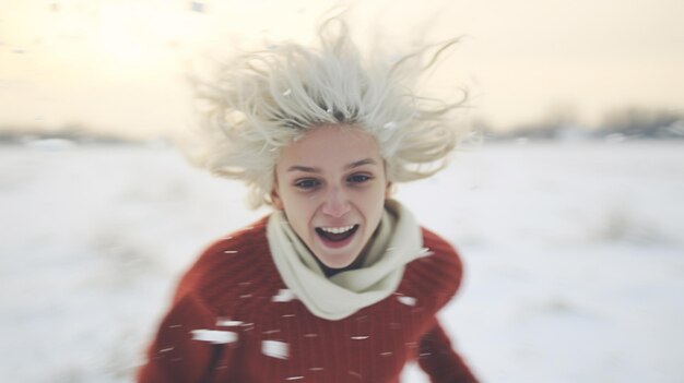 Foto una bella ragazza che corre attraverso un campo innevato