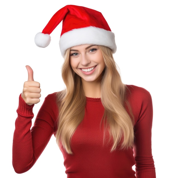 Beautiful young girl in a santa hat with thumbs up on a white background