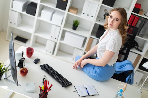 Beautiful young girl sitting at desk in office.