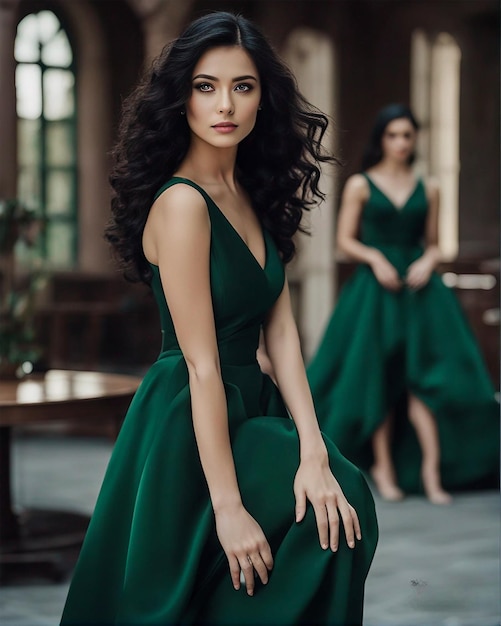 Beautiful young girl stands on a green field in a black dress