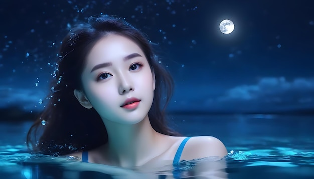 Beautiful young girl swimming in bioluminescent water at midnight