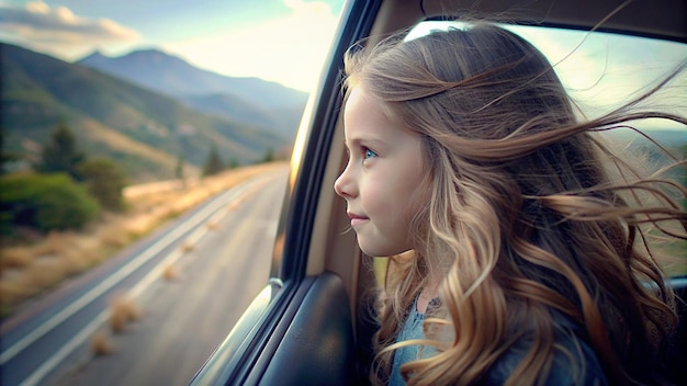 Photo beautiful young girl traveling by car with silky hair looking out the window enjoying vacation and