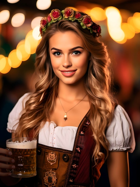 Beautiful young girl waitress smiling and holding glasses of beer at the Oktoberfest beer festival