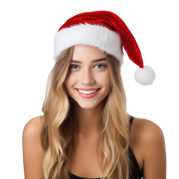 Beautiful young girl wearing santa hat isolated on white background People and winter holidays concept