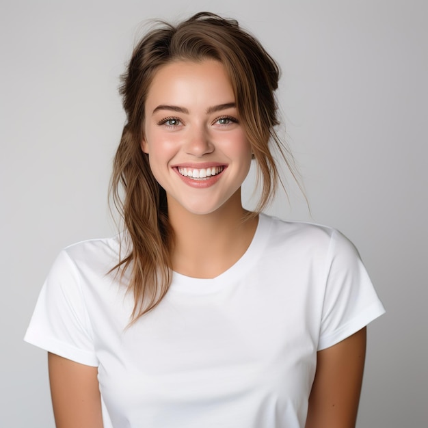 Прекрасная молодая девушка в белой футболке улыбается
