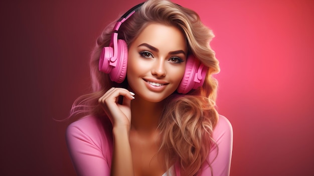 Beautiful young girl with blonde hair listening to music on headphone