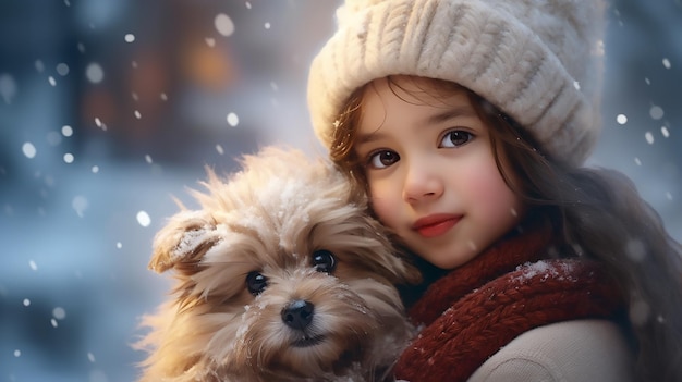Beautiful young girl with a dog in winter forest A young girl holds a furry little dog in the snow