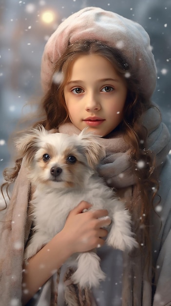 冬の森で犬を飼っている美しい若い女の子雪の中で毛深い小さな犬を抱いている若い少女