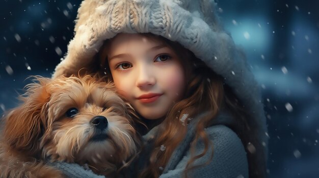 겨울 숲에서 개와 함께 아름다운 어린 소녀 어린 소녀는 눈에 털이 많은 작은 개를 들고 있습니다