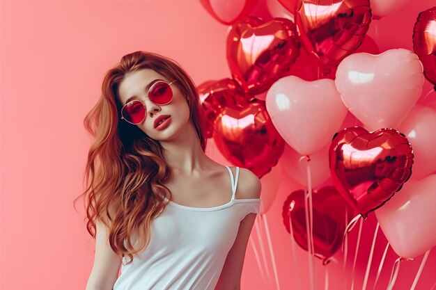 Beautiful Young Girl with Heart Balloons on Pink