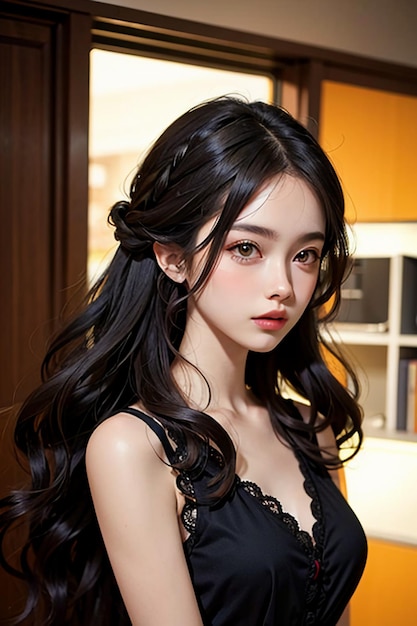 Красивая молодая девушка с длинными черными волосами HD фотография обои фона