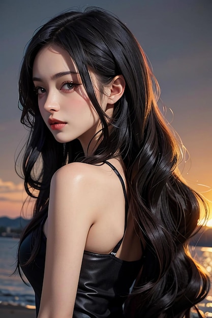 Красивая молодая девушка с длинными черными волосами HD фотография обои фон