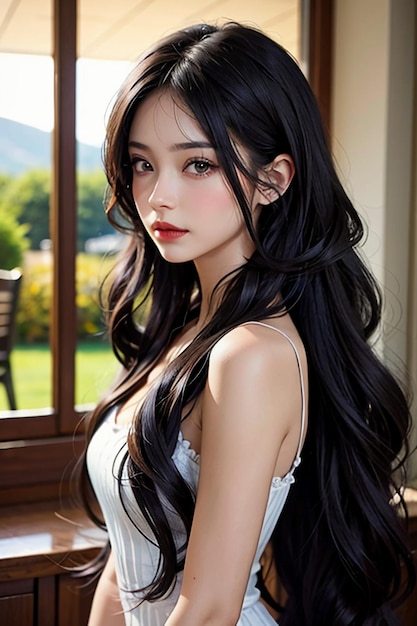 Beautiful young girl with long black hair HD photography wallpaper background