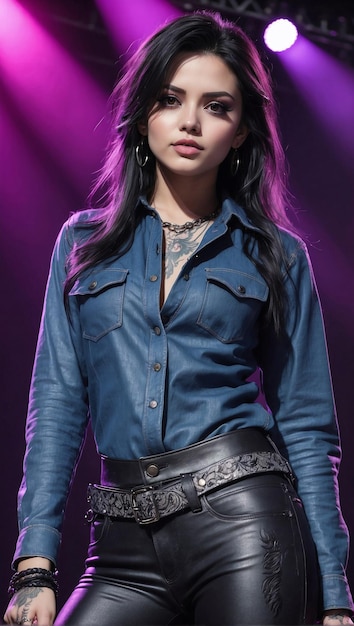 Beautiful young girl with long dark hair standing on stage with illuminating lights