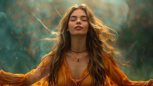 beautiful young girl with long hair and close eyes and hands open to pray