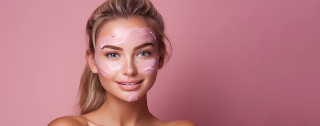 Beautiful young girl with pink cosmetic face mask pink banner High quality photo Generative AI