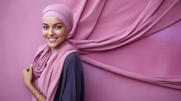 Beautiful young girl with pink ribbon celebrating victory over cancer