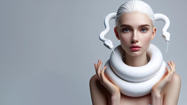 Beautiful young girl with white hairstyle with white snakes on her neck studio portrait on gray