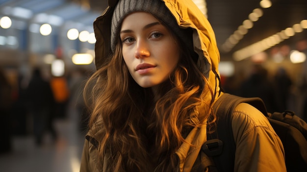 Photo beautiful young girl in a yellow raincoat and hat stands in the subway station