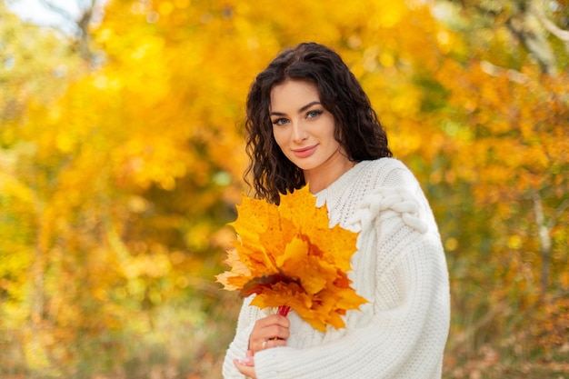 Beautiful young happy woman model with a curly hairstyle in a fashion vintage white knitted sweater holds a fall bouquet of maple delta leaves and walks in the park