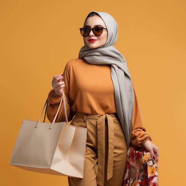 太陽メガネをかぶった美しい若いヒジャブの女の子が ⁇ 背景にショッピングバッグで歩いています ⁇ 