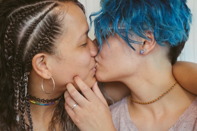 Photo beautiful and young homosexual females showing affection at a public place.