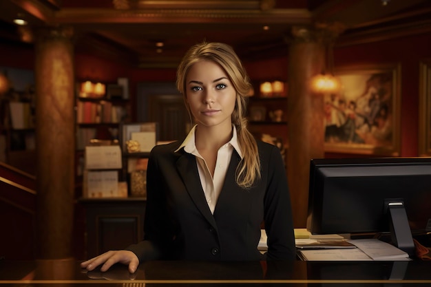 beautiful young hotel receptionist very attentive at her work