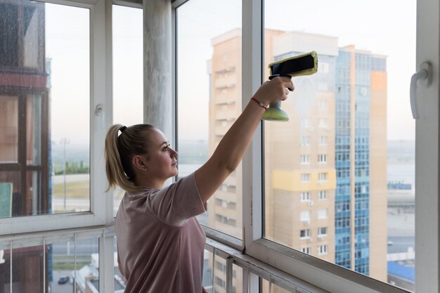 Bella giovane casalinga in abiti da lavoro che lava le finestre con strumenti professionali a casa.