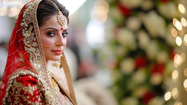 A beautiful young Indian bride in a red and gold wedding dress with traditional jewelry and a red bindi on her forehead