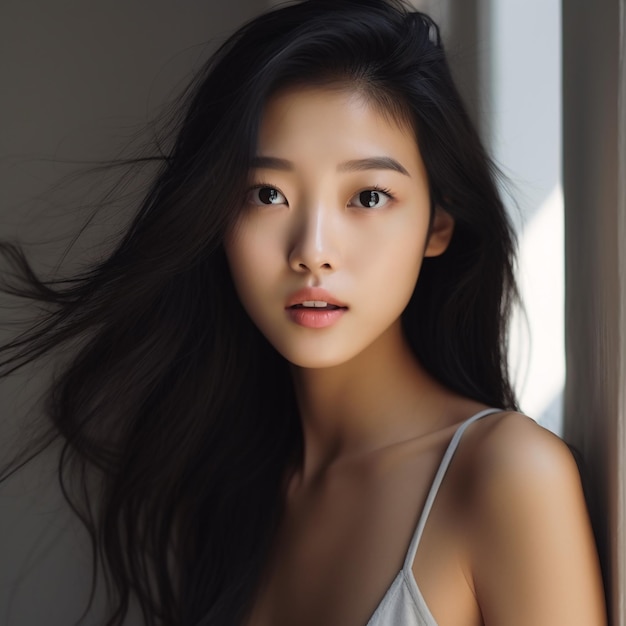 Beautiful young korean fashion model girl portrait with long black hair