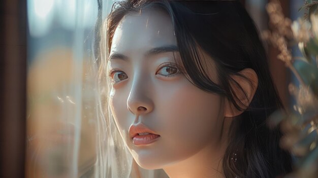 Beautiful Young Korean Woman Gazing Out of Window